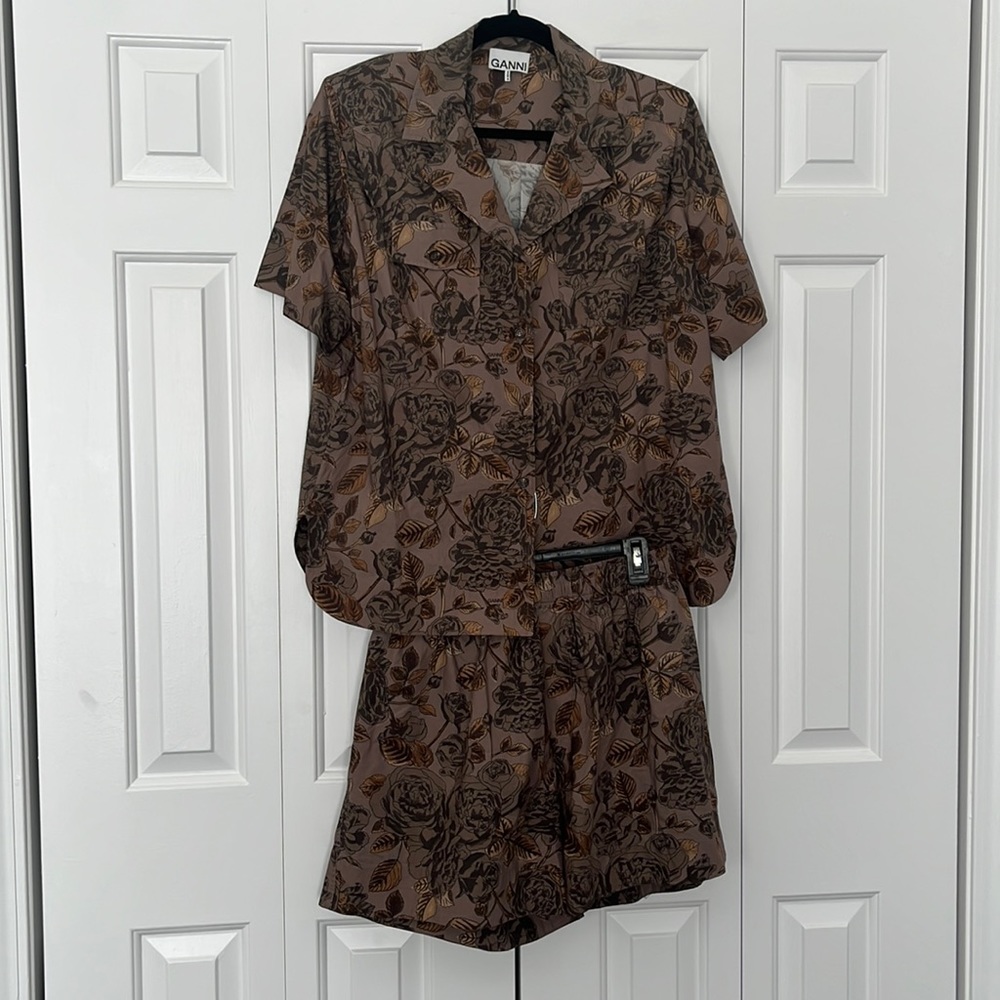 GANNI Brown Floral Short Sleeve Shirt